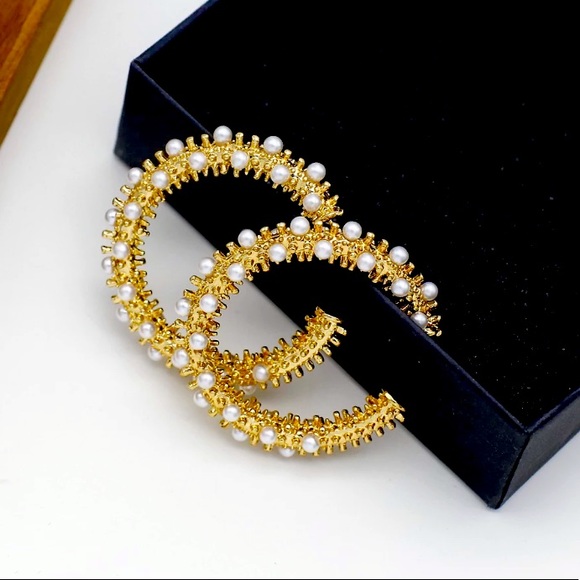 Jewelry - Elegant Gold Plated Pearl Hoop Earrings